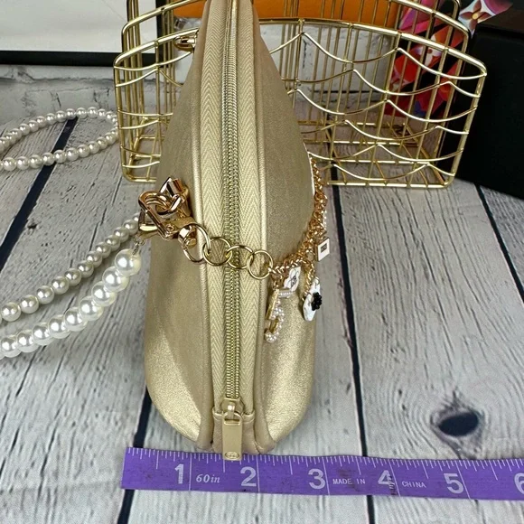 CHANEL gold metallic Crossbody pouch with bag charm and pearl chain - Picture 16 of 16